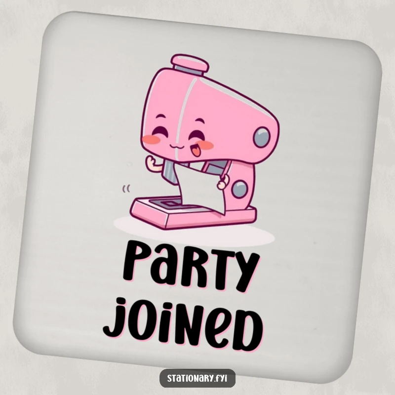 Funny drink coaster showing a giddy stapler character zapping paper together, a neat and humorous protector.