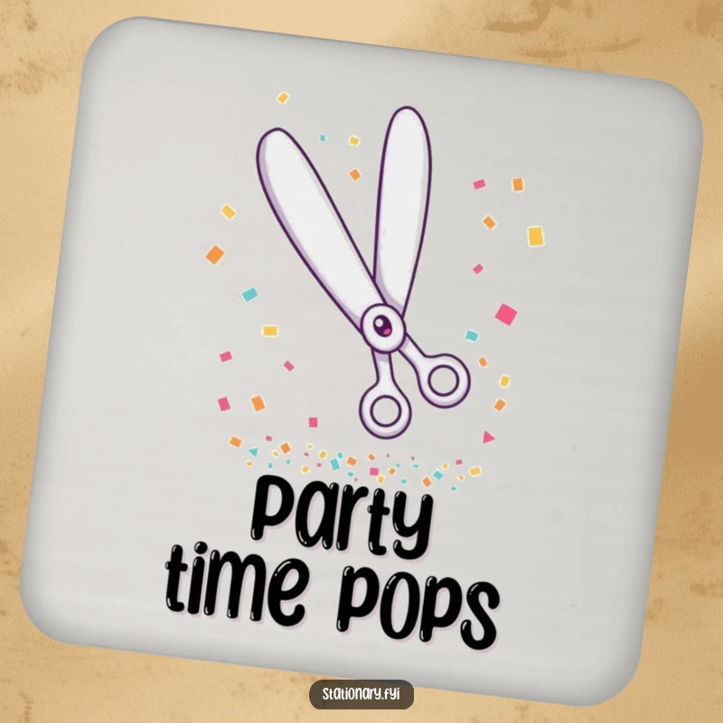 Funny drink coaster featuring giggling scissors cutting confetti, adding festive humor to tables.