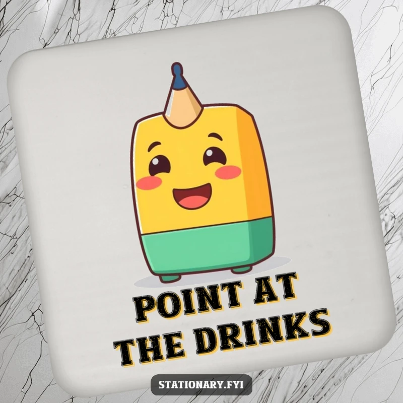 Funny Coaster: A cheerful pencil sharpener character with a big grin, protecting surfaces with a humorous and eye-catching design.