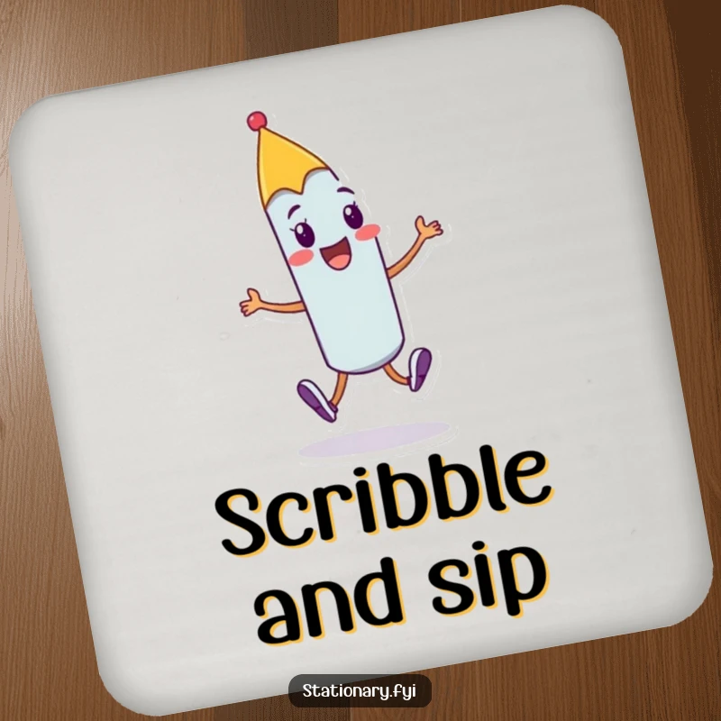 Funny cheerful pen coasters with a character doing a joyful skip with a flourish, protecting furniture with creative humor.