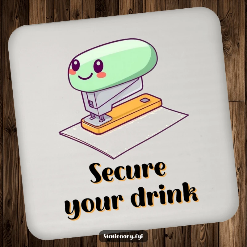 Funny drink coaster featuring a cheerful stapler zipping across paper, adding office humor to tables.