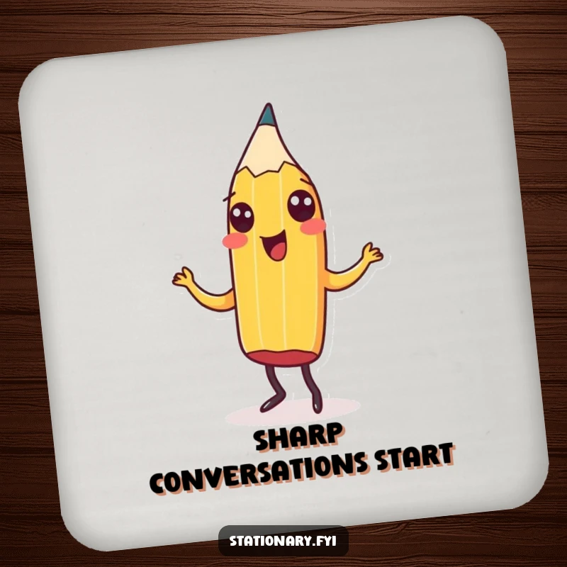 Funny Drink Coaster with a cheerful pencil doing a jig, adding artistic humor to protect surfaces, an ideal and hilarious gift.