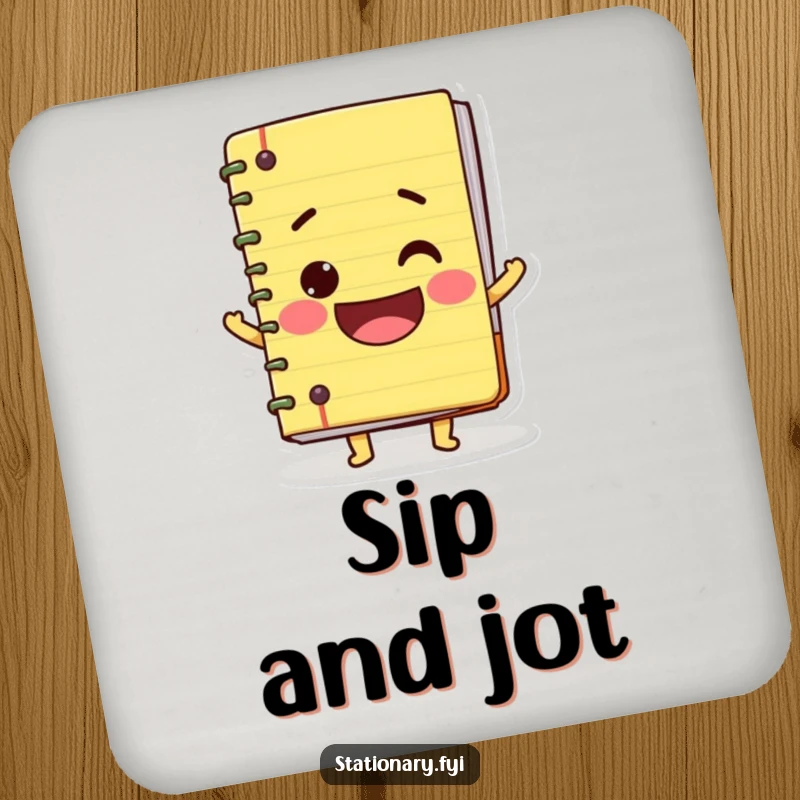 Funny drink coaster featuring a wobbly notebook character with a big smile, ideal for surface protection with a whimsical design.