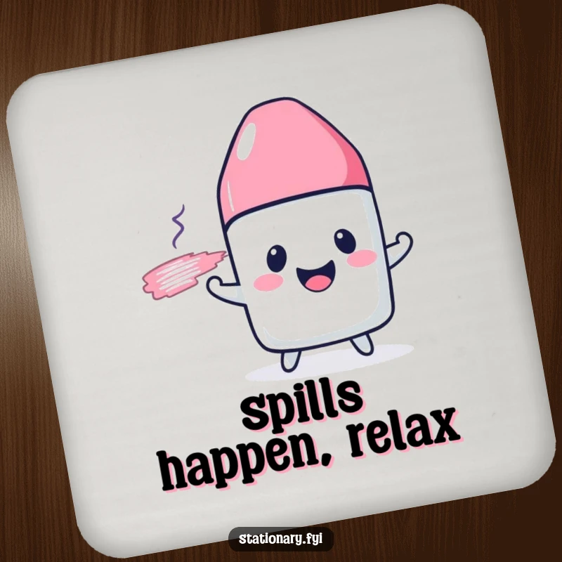 Funny drink coaster with a cheerful eraser character joyfully smudging a drawn line, a humorous protector.