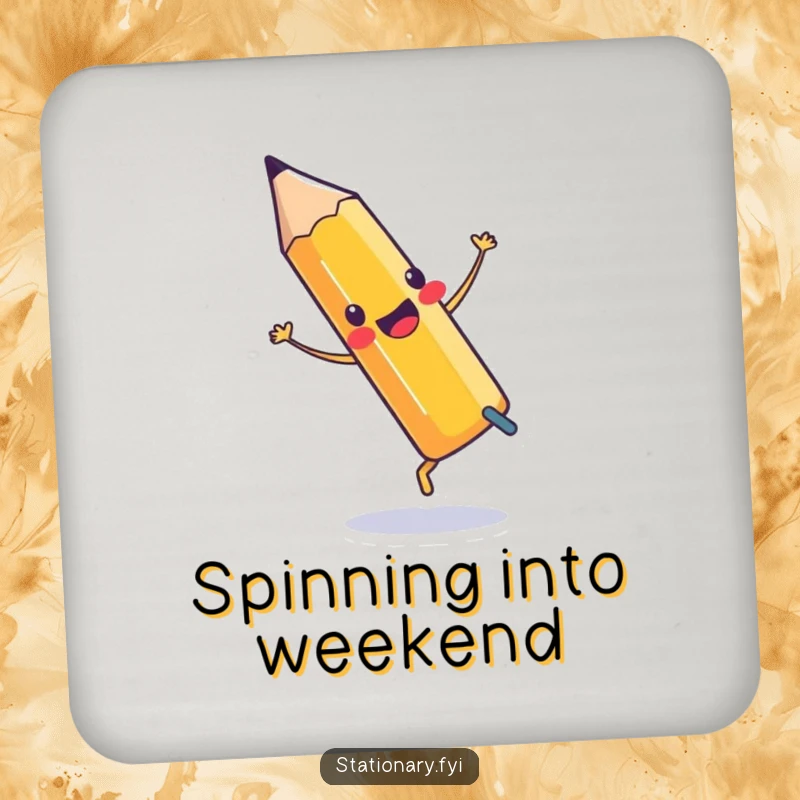 Funny Drink Coaster featuring a pencil doing a cartwheel with an eraser, protecting tables with humor.