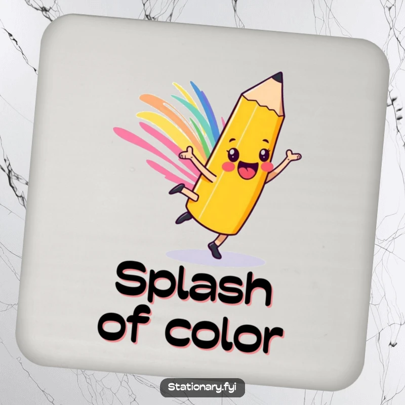 Funny playful pencil coaster, cartwheeling character with a colorful streak, adding artistic fun to home decor.