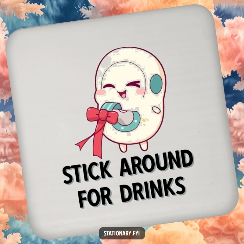 Funny drink coaster with a winking tape dispenser character dispensing a festive ribbon, protecting surfaces with humor.