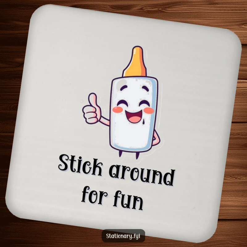 Funny drink coaster featuring a giggling glue stick character with a thumbs up, adding fun and protection.