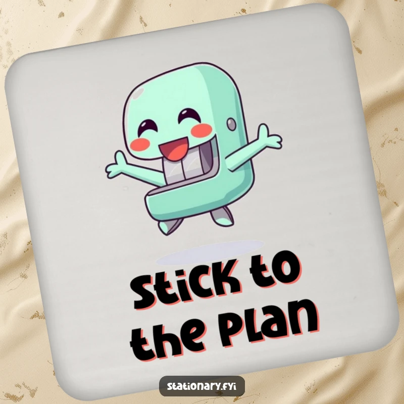 Funny drink coaster with a happy stapler character in a cheerful jumping pose, providing surface protection with a humorous office supply design.