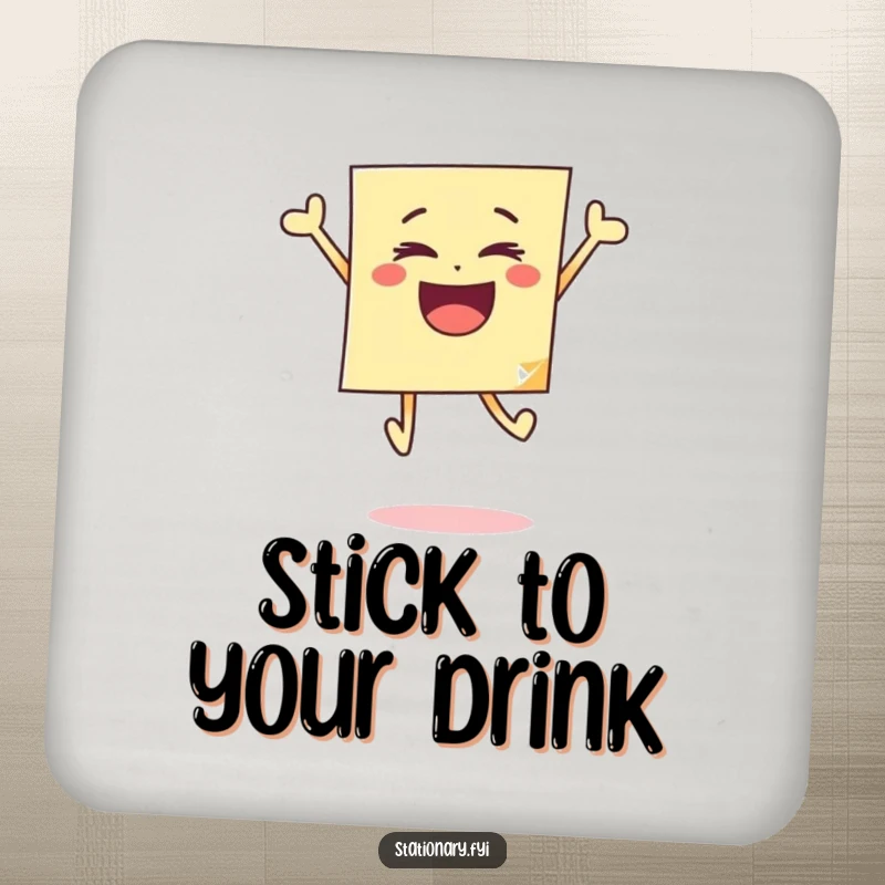 Funny drink coaster featuring a sticky note in a joyful jump, protecting surfaces with a touch of playful humor.