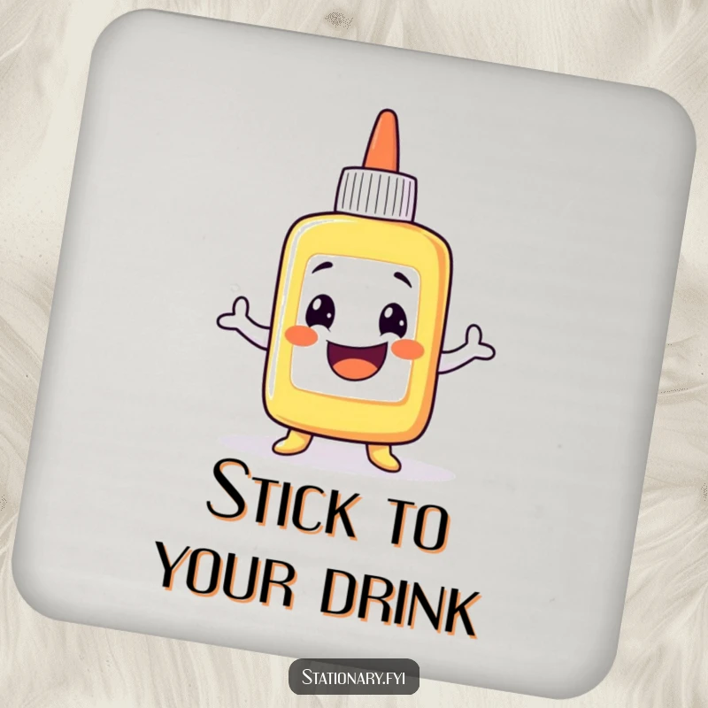 Funny Coaster: A grinning glue bottle character in a wobbly pose, protecting surfaces with a humorous and eye-catching design.