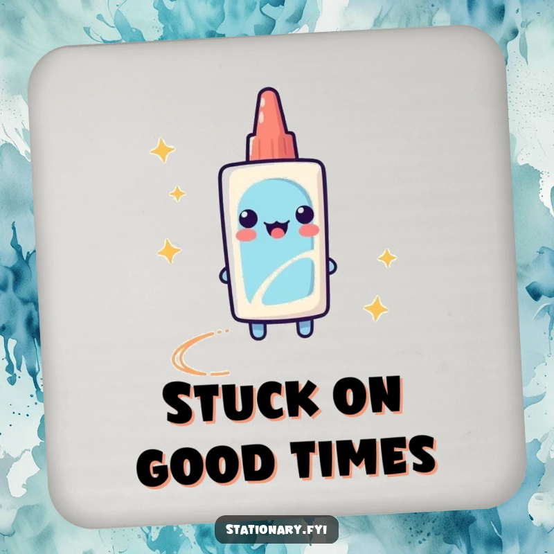 Funny Drink Coaster featuring a playful glue stick leaving a sparkly trail, adding creative humor to tables.