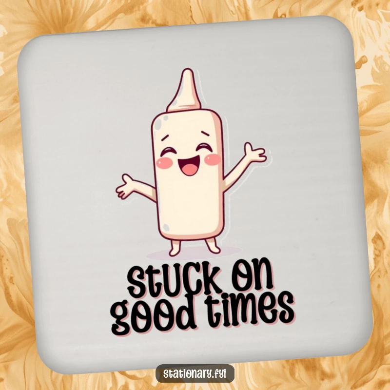 Funny Drink Coaster with a giggling glue stick spreading joy, adding artistic adhesion and humor to protect surfaces, an ideal gift.