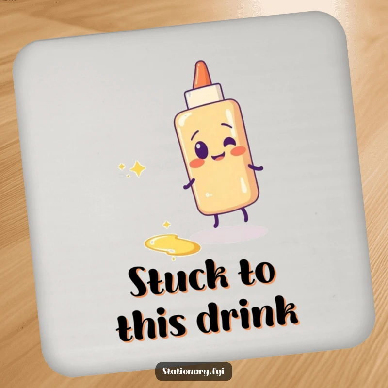 Funny glue stick drink coaster showing a giggling glue stick leaving a sparkly, sticky trail. Protects surfaces.