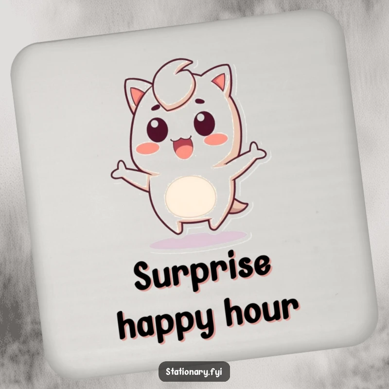 Funny Drink Coaster showing a Kawaii staple remover character in a surprised jump, providing surface protection with playful energy.