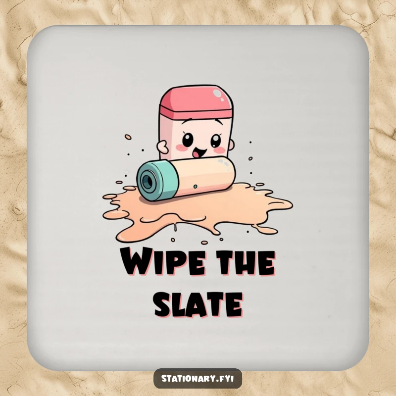 Funny drink coaster depicting a frantic eraser rolling to clean a giant ink spill, a humorous surface protector.