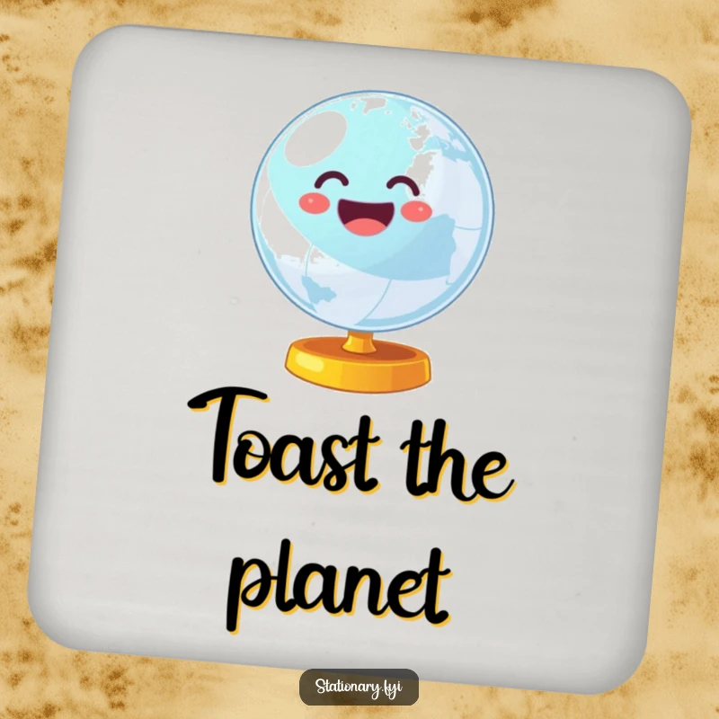 Funny drink coaster with a wobbly globe spinning energetically, perfect for adding a touch of global fun to any table.