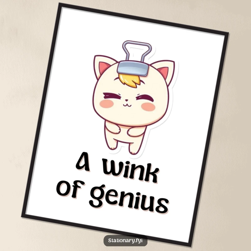 Funny poster artwork of a mischievous binder clip character playfully winking, ideal for adding humor to decor.