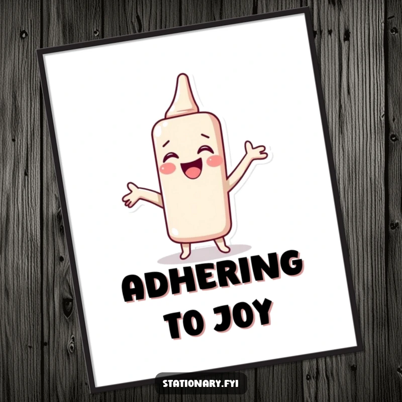 Funny Poster of a giggling glue stick spreading joy, bringing artistic adhesion and humor to any wall, a perfect gift.