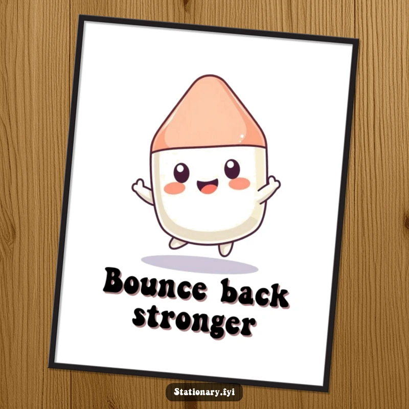 Funny Kawaii Eraser Poster: A vibrant artwork of a kawaii eraser character bouncing happily, radiating fun and positivity.