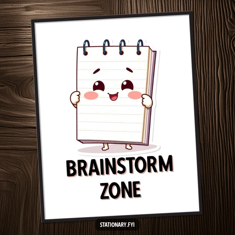 Funny notepad poster featuring a delighted character unfurling pages with a joyful smile, adding a touch of humorous art to walls.