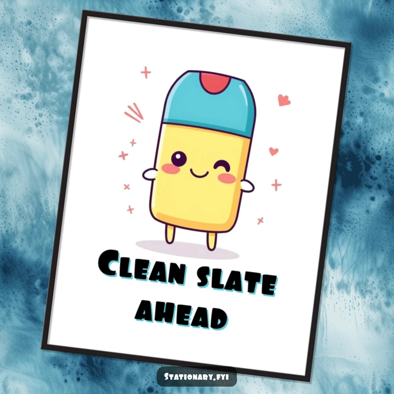 Funny Poster of a smiling eraser happily cleaning silly scribbles, bringing artistic tidiness and humor to any wall, a perfect gift.