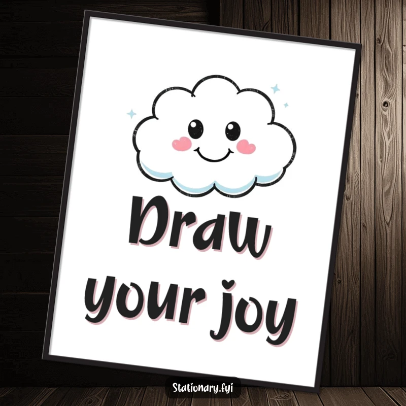 Funny Kawaii marker character drawing a smiley face in a cloud on a beautiful art print.