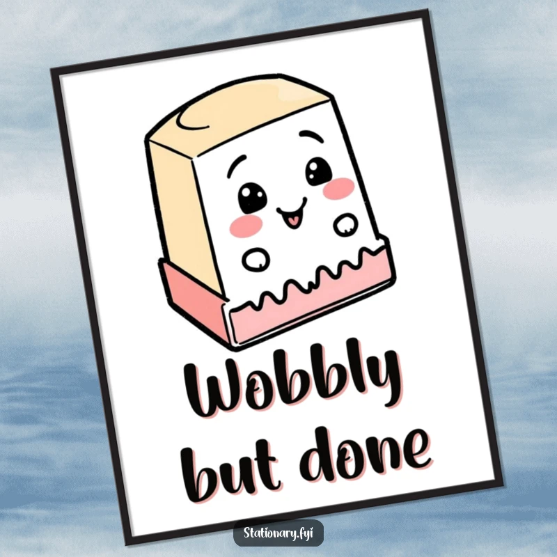 Funny poster art of a cheerful rubber stamp enthusiastically stamping a wobbly line, a humorous and uplifting visual.