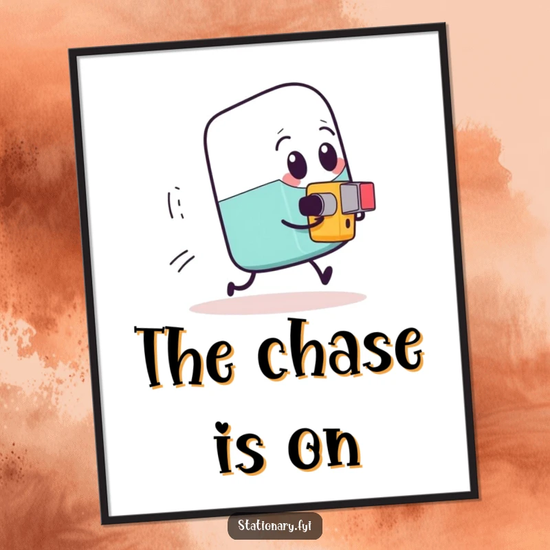 Funny expressive eraser being chased by a tiny determined pencil sharpener, hilarious wall art for a humorous touch.