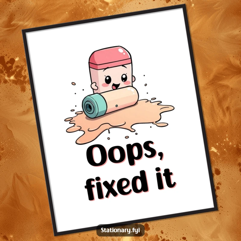 Funny poster art of a rolling eraser frantically attempting to clean a massive ink spill, a humorous visual of effort and tidiness.