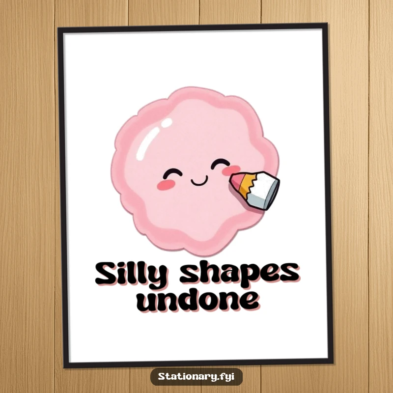 Funny poster of a delighted eraser gleefully smudging out a silly shape, adding artistic humor to decor.