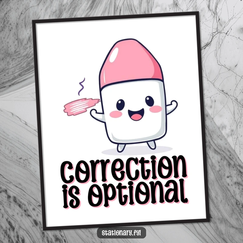 Funny poster of a cheerful eraser character joyfully smudging a drawn line, adding humor to wall art.