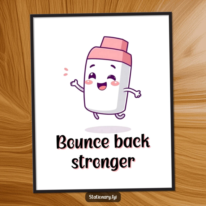 Funny poster of a giggling eraser character bouncing with pure glee, adding a touch of playful humor and whimsical art to any wall.