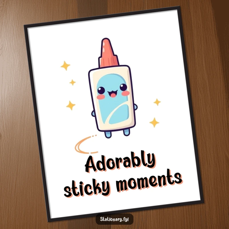 Funny Poster showing a playful glue stick leaving a sparkly trail, bringing creative flair and humor to walls.