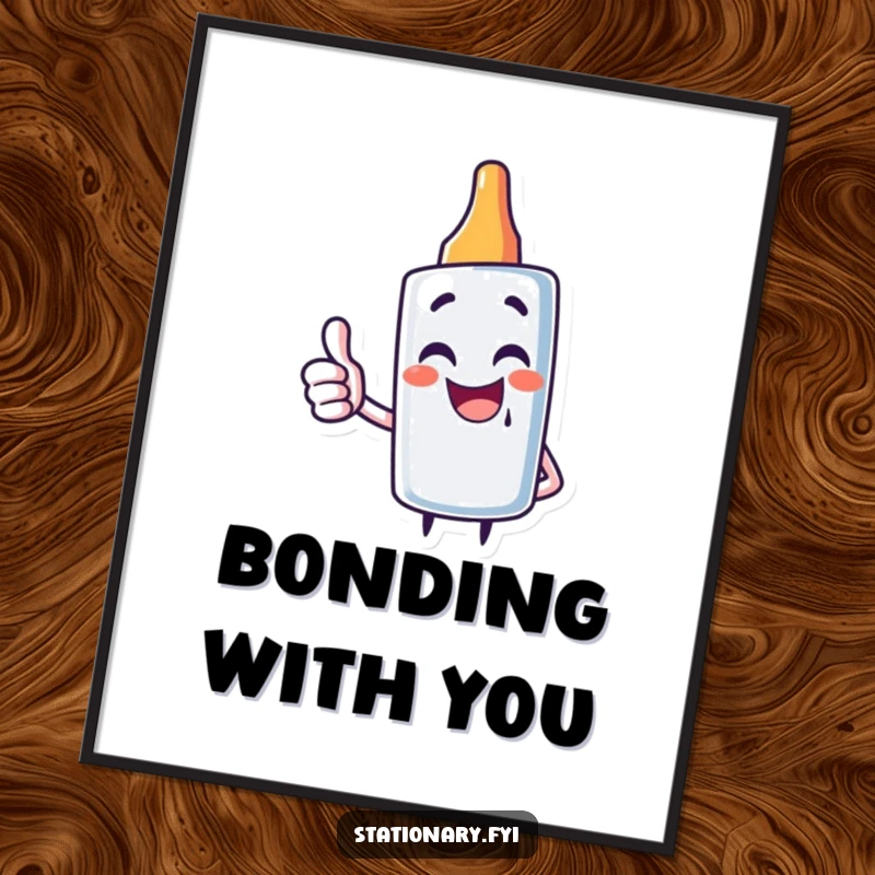 Funny poster artwork of a giggling glue stick character giving a thumbs up, ideal for uplifting decor.
