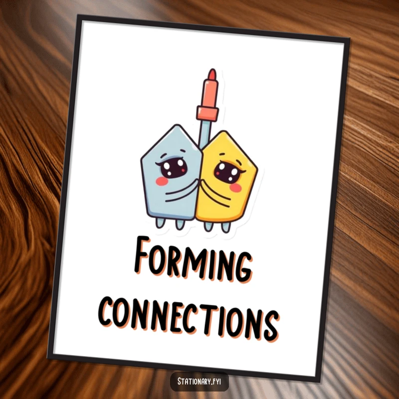 Funny poster: A curious glue stick firmly attaches two shapes, symbolizing binding and creativity.