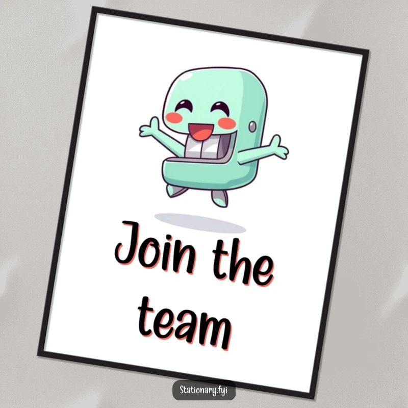 Funny poster showcasing a happy stapler character performing a cheerful jump, perfect for adding uplifting and humorous office decor.