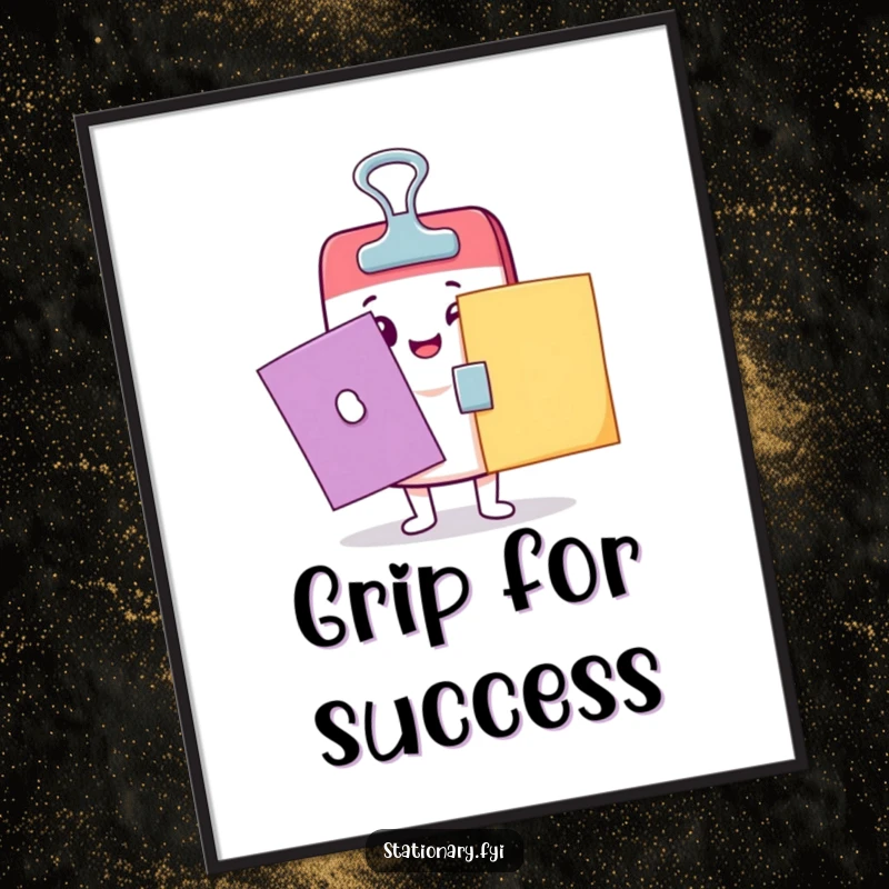 Funny Kawaii binder clip character joyfully clamping papers on a beautifully printed poster, adding humor to walls.