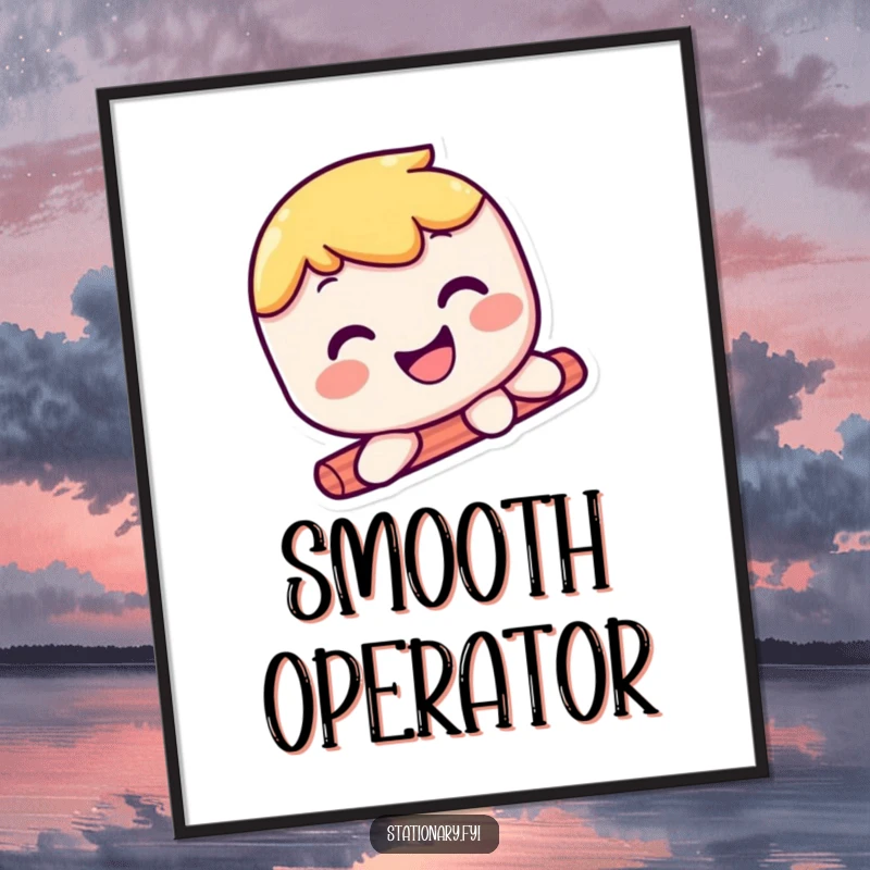 Funny kawaii glue stick poster displaying a cheerfully smiling character sliding smoothly, perfect for adding playful decor.