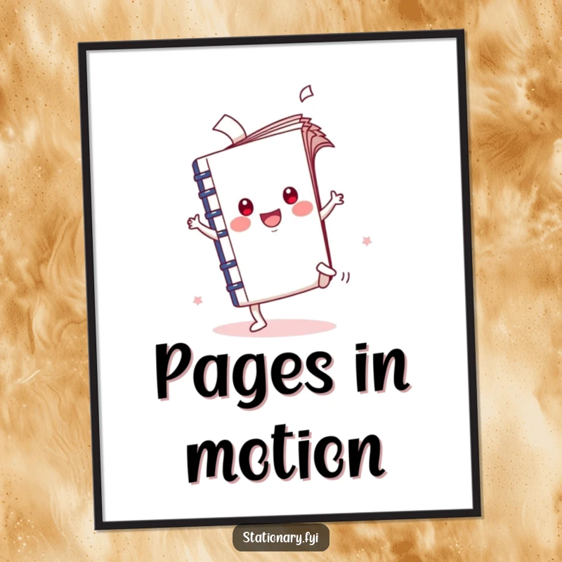 Funny Kawaii Notebook Poster of a cartwheeling character with pages flying, a humorous and dynamic piece of wall art.