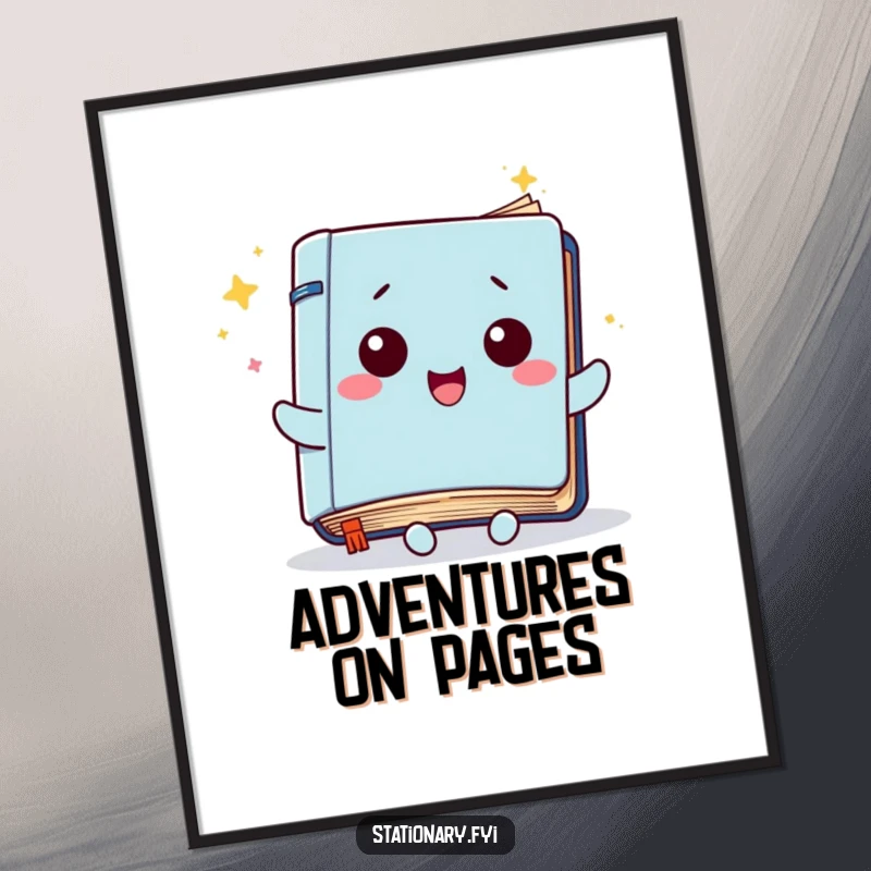 Funny Kawaii Notebook Poster: Artwork of a notebook character with pages fluttering joyfully, symbolizing creativity and inspiration.