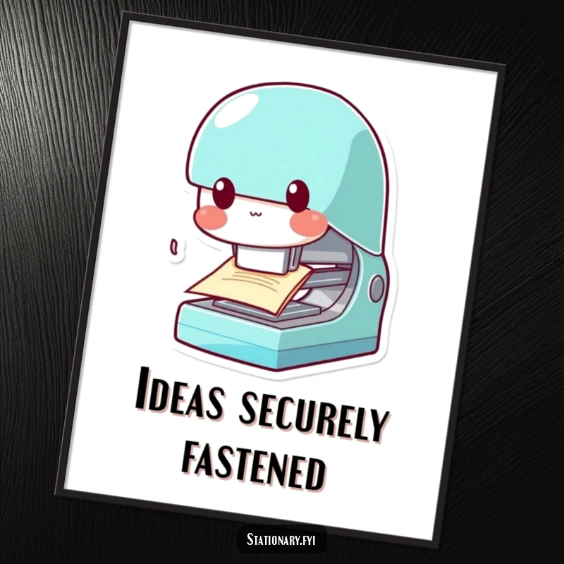 Funny Kawaii Stapler Poster: An artwork of a stapler character playfully chomping paper, symbolizing efficiency and office motivation.