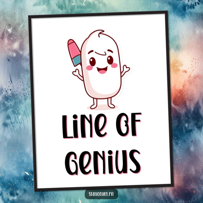 Funny marker poster showing a bouncing marker character creating a vibrant, wavy line. Dynamic wall art.