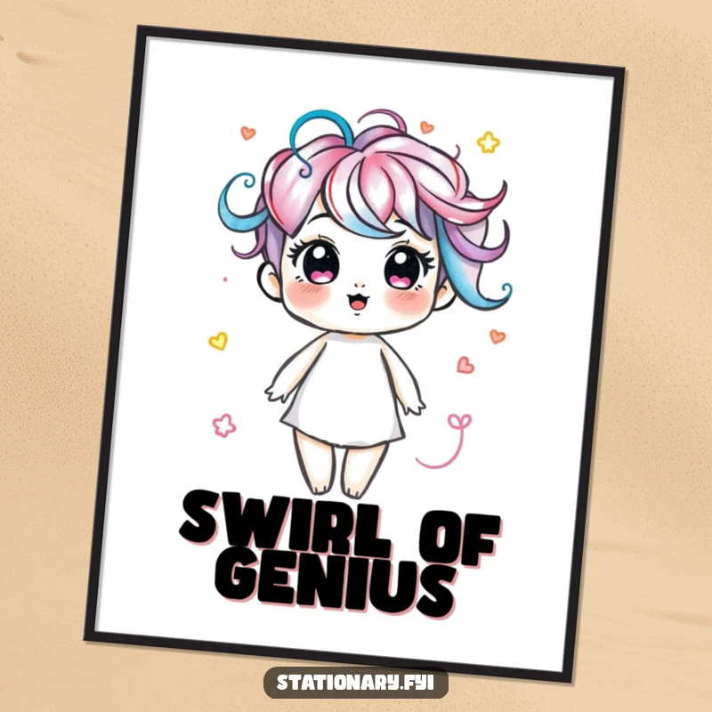 Funny poster of a delightful marker character drawing abstract, colorful swirls, adding artistic flair to any room.