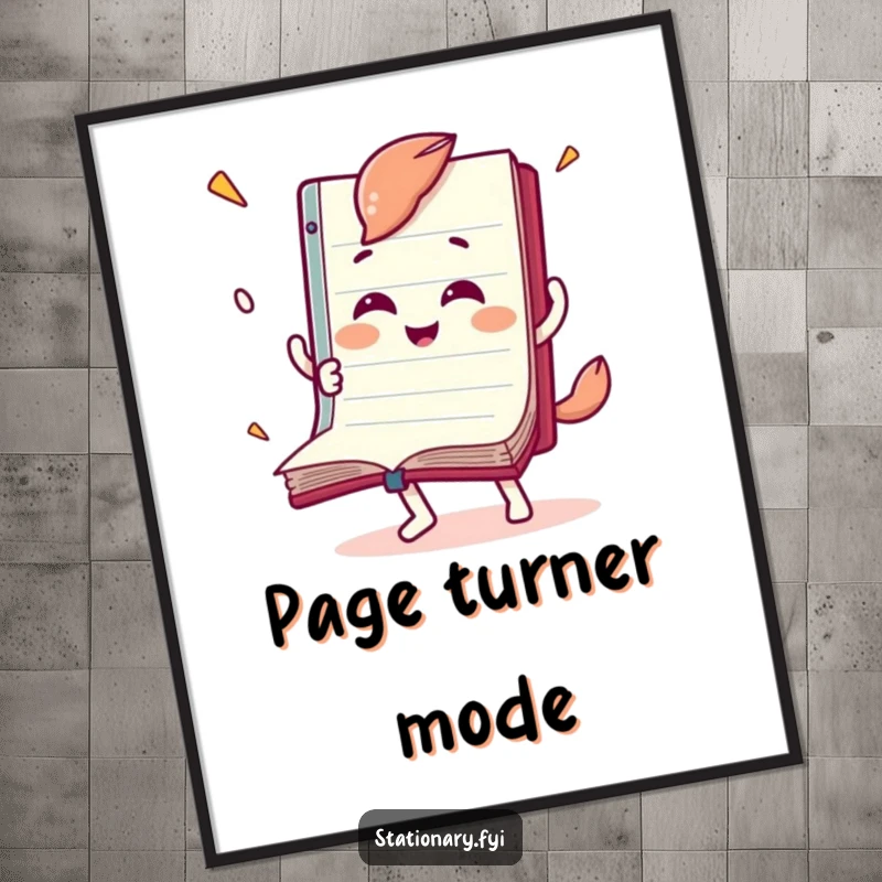 Funny poster of a joyful notebook character flipping its pages at high speed, celebrating the joy of reading.