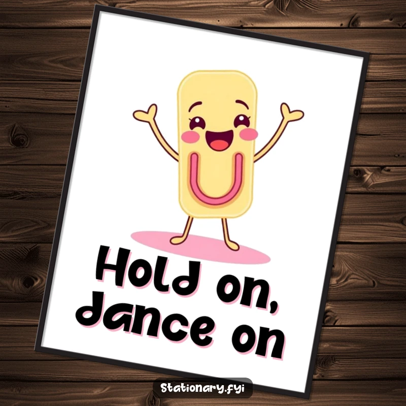 Funny poster of a joyous paper clip character doing a delightful shimmy, adding a cheerful and energetic touch to decor.
