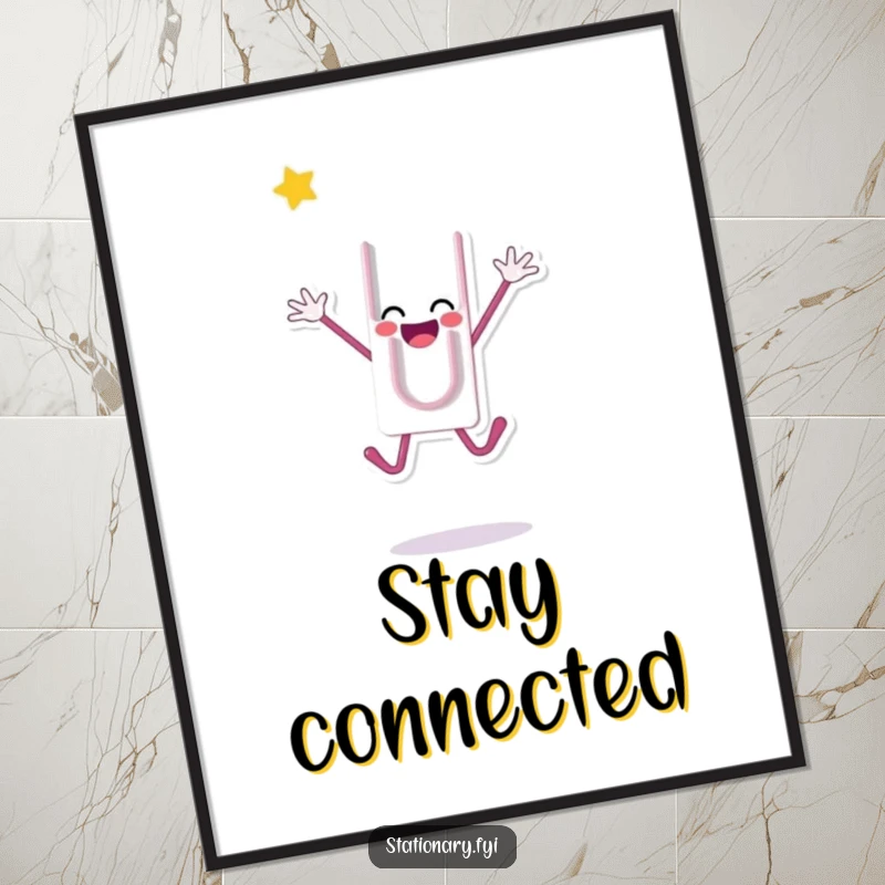 Funny poster print of a happy paperclip character mid-jump, radiating excitement and joy, perfect for energetic decor, a great funny gift.