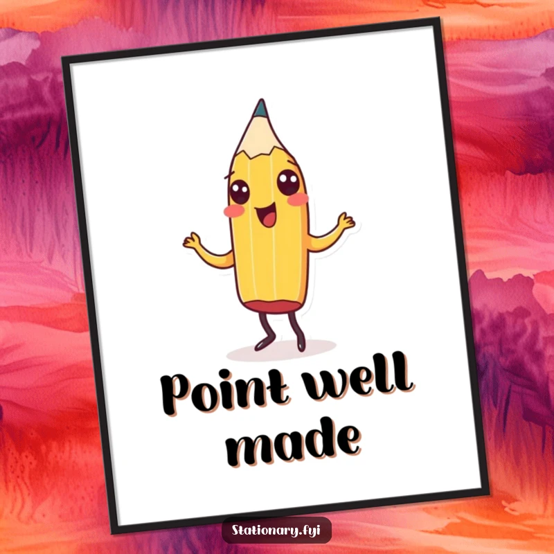 Funny Poster depicting a cheerful pencil joyfully doing a jig, bringing artistic humor and vibrant energy to any wall space, a perfect gift.