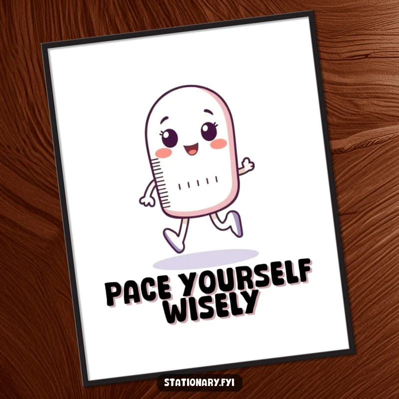 Funny poster of a bouncing ruler character humorously measuring imaginary footsteps, perfect for adding witty decor.