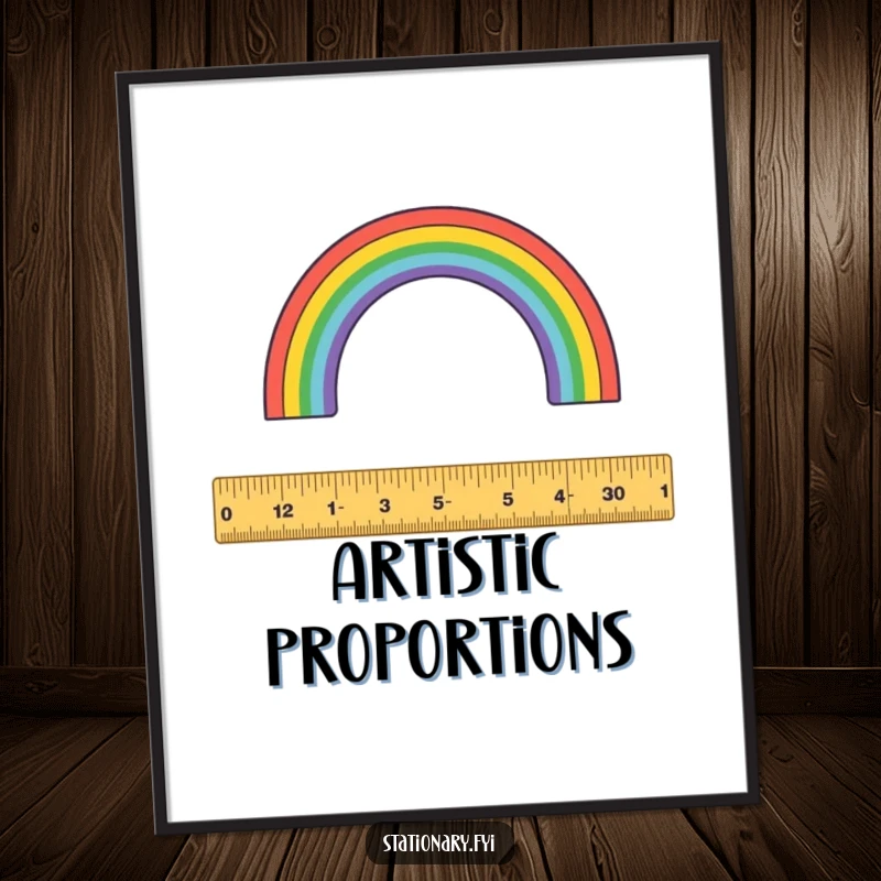 Funny poster: A detailed ruler measures a spectacular rainbow arc, symbolizing measurement and beauty.